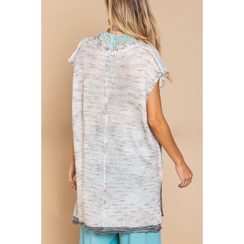 POL Ivory & Blue Multi V Neck Button Front Cap Sleeve Long Cardigan - Picture 5 of 8